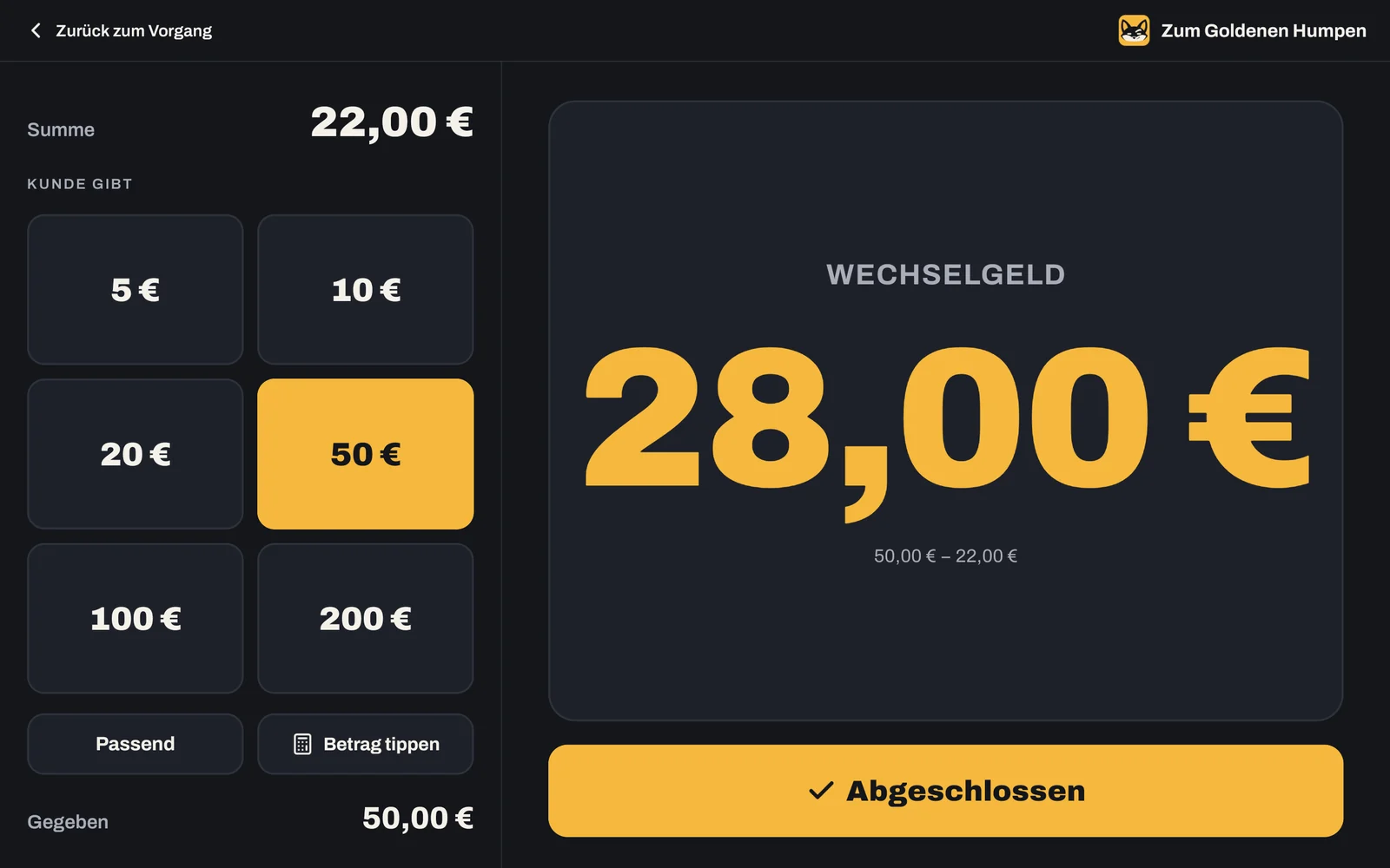 Tresenfuchs am Imbiss: Summe 22,00&nbsp;€, 50&nbsp;€ gegeben, Wechselgeld 28,00&nbsp;€ riesig angezeigt